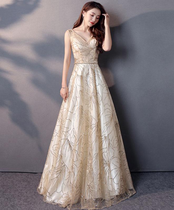 Champagne V Neck Long Prom Dress, Evening Dress,pl4747