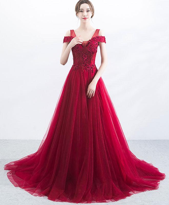 Burgundy V Neck Tulle Lace Applique Long Prom Dress, Burgundy Evening Dress,pl4748