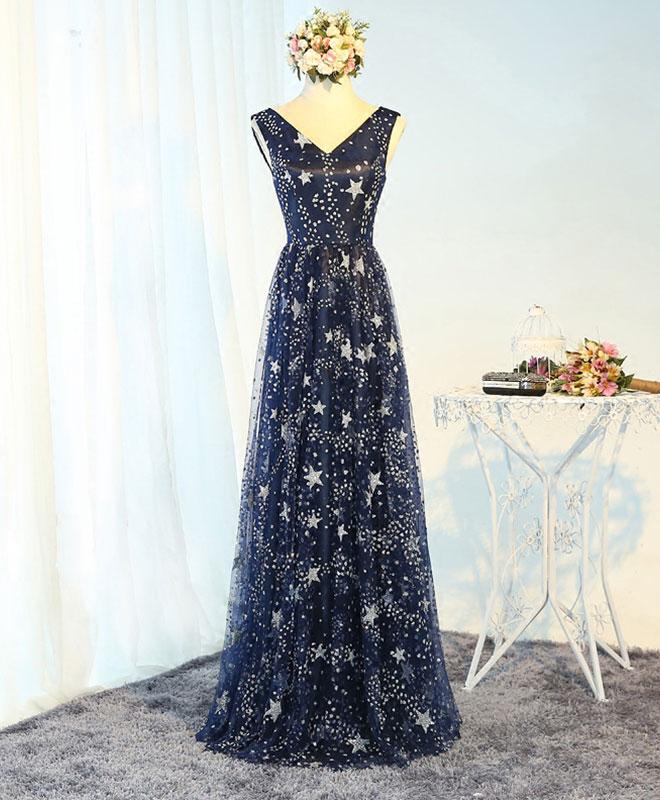 Blue V Neck Long Prom Dress, Blue Evening Dress,pl4762