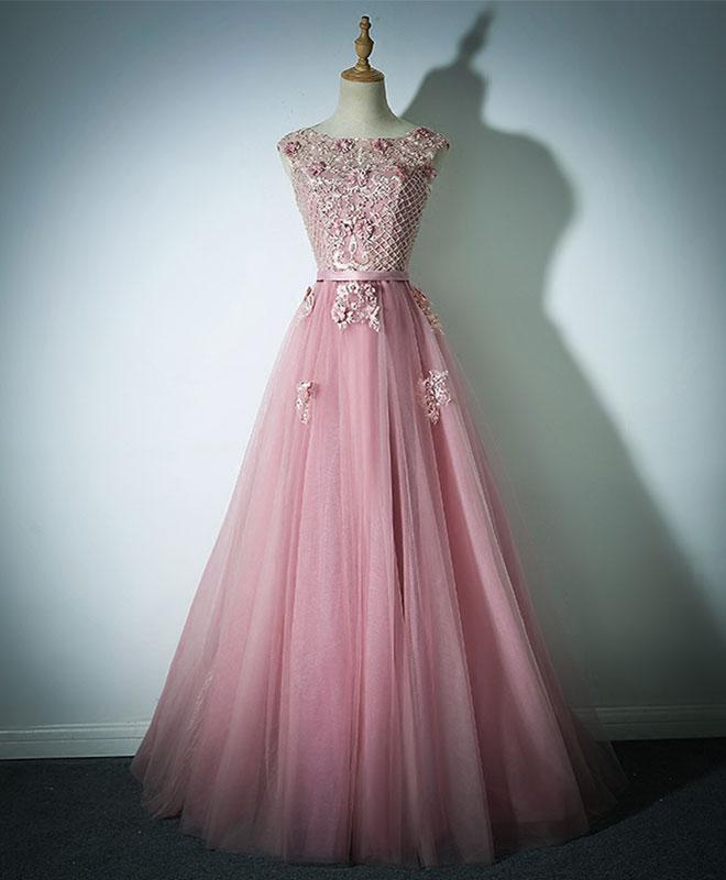 Pink Lace Tulle Long Prom Dress, Pink Evening Dress,pl4766