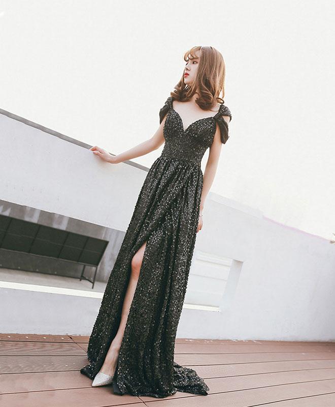 Black Off Shoulder Sequin Long Prom Dress, Black Evening Dress,pl4771