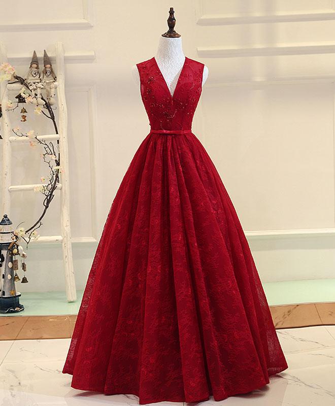 Burgundy V Neck Lace Long Prom Dress, Burgundy Evening Dress,pl4776