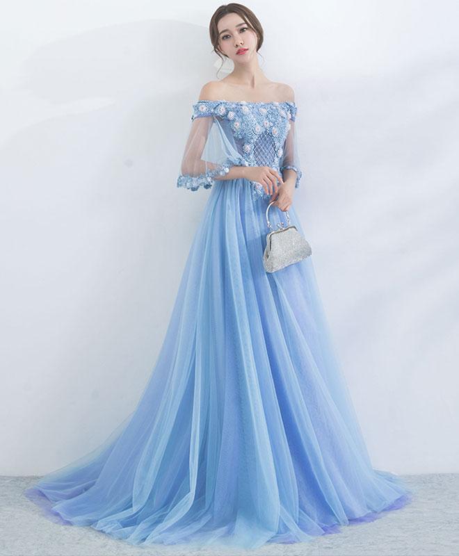 Unique Blue Tulle Off Shoulder Long Prom Dress, Blue Evening Dress,pl4777