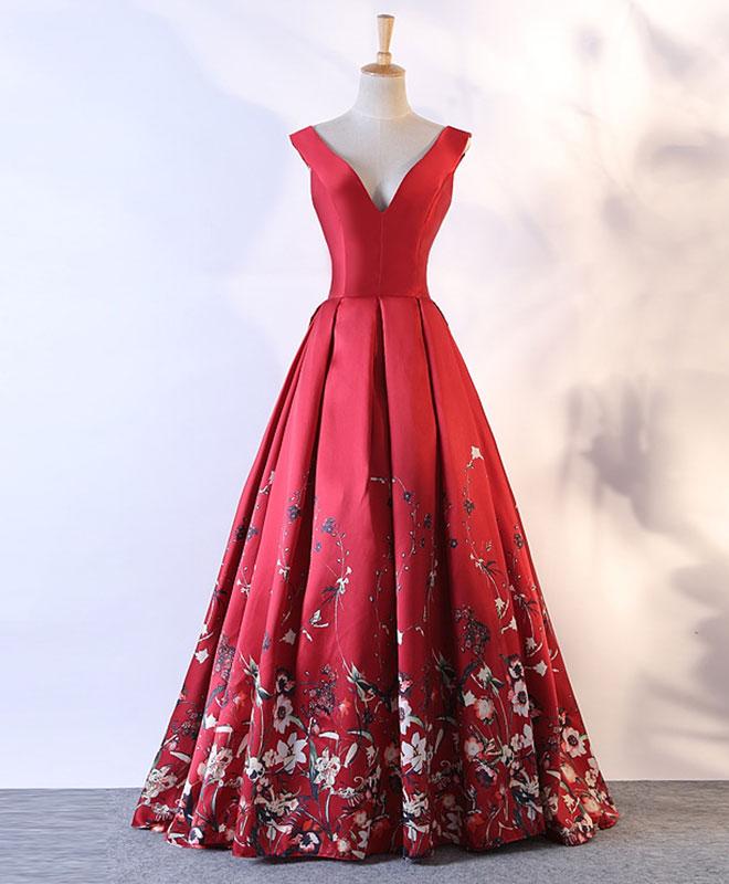 Burgundy Floral Pattern Long Prom Dress, Burgundy Evening Dress,pl4788