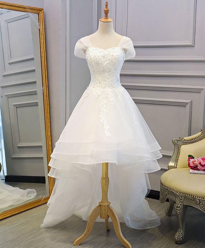 White Lace Tulle High Low Long Wedding Dress, Bridal Dress,pl4801