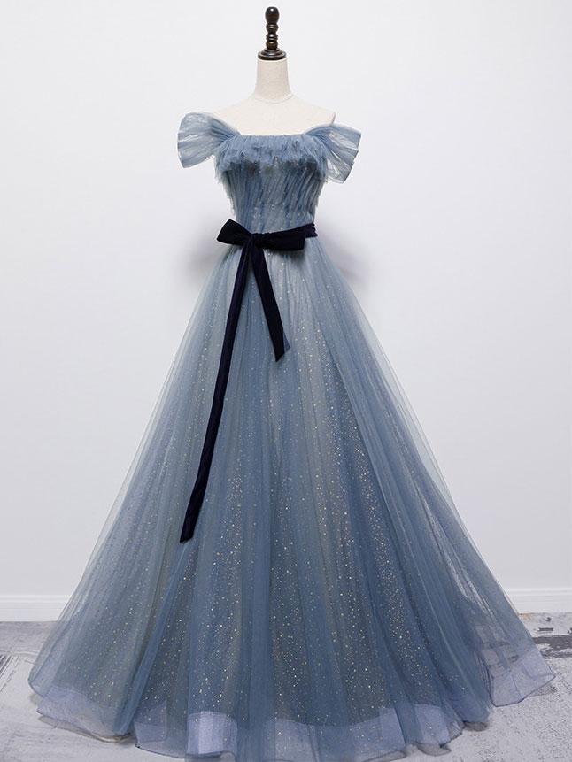 Blue Tulle Off Shoulder Sequin Long Prom Dress Blue Evening Dress,pl4805