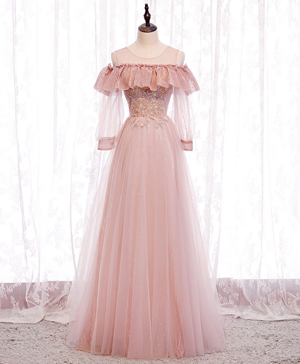 Pink Round Neck Tulle Lace Long Prom Dress Pink Lace Evening Dress,pl4816