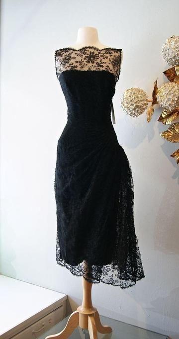 Vintage Cocktail Dresses Black Lace Prom Dress Sheer Bateau Neck Tea Length Evening Gowns,pl4830