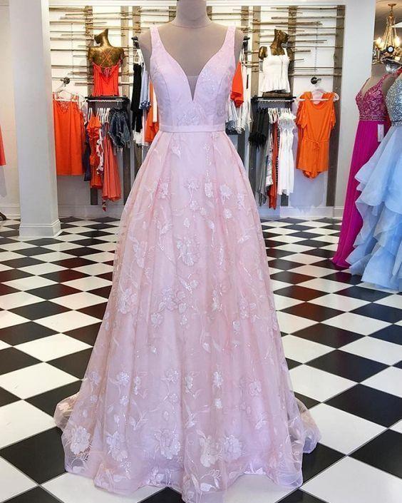 V-neck Pink Lace Pleated Long Prom Dress,pl4866