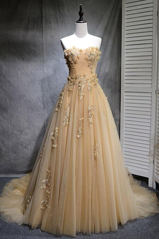 Beautiful Champagne Tulle Party Dress, Long Handmade Prom Gowns,pl4902