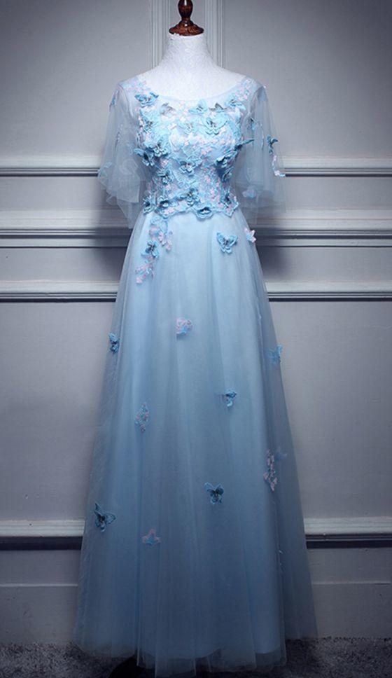 Round Neck Dress, Mid-sleeve Dress, Lace Trim Dress, Butterfly Trim Dress, Blue Party Dress, Floor Length Dress, Tulle Dress,pl4904