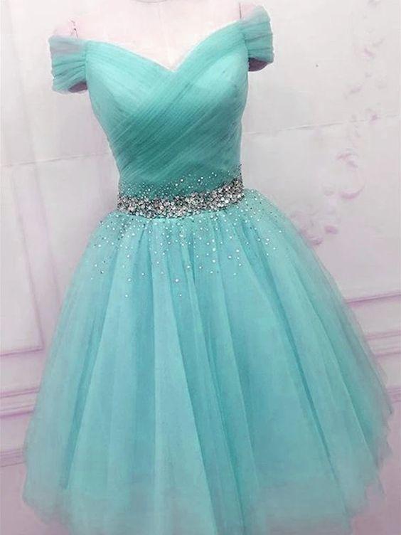 Off Shoulder Blue Tulle Prom Dresses, Cute Blue Homecoming Dresses,pl4914