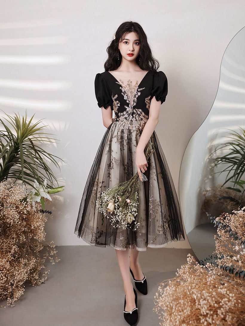 Black V Neck Tulle Lace Short Prom Dress, Black Lace Homecoming Dress,pl4915