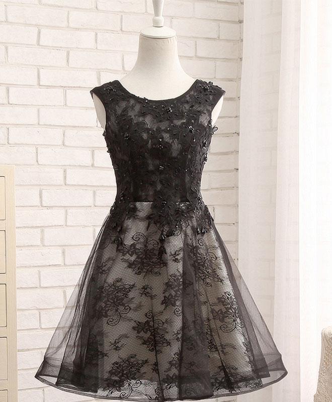 Black Lace Short Prom Dress, Black Evening Dress,pl4926