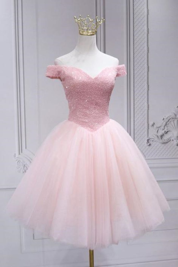 Shop Cute Blush Pink Off the Shoulder Short Prom Dress with Beading Waist main image 1