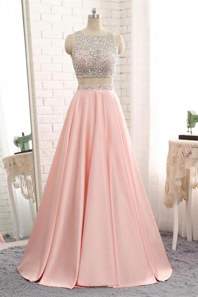 A Line Round Neck Two Pieces Beaded Pink Prom Dresses, Two Pieces Pink Formal Dresses, Pink Evening Dresses,pl4993