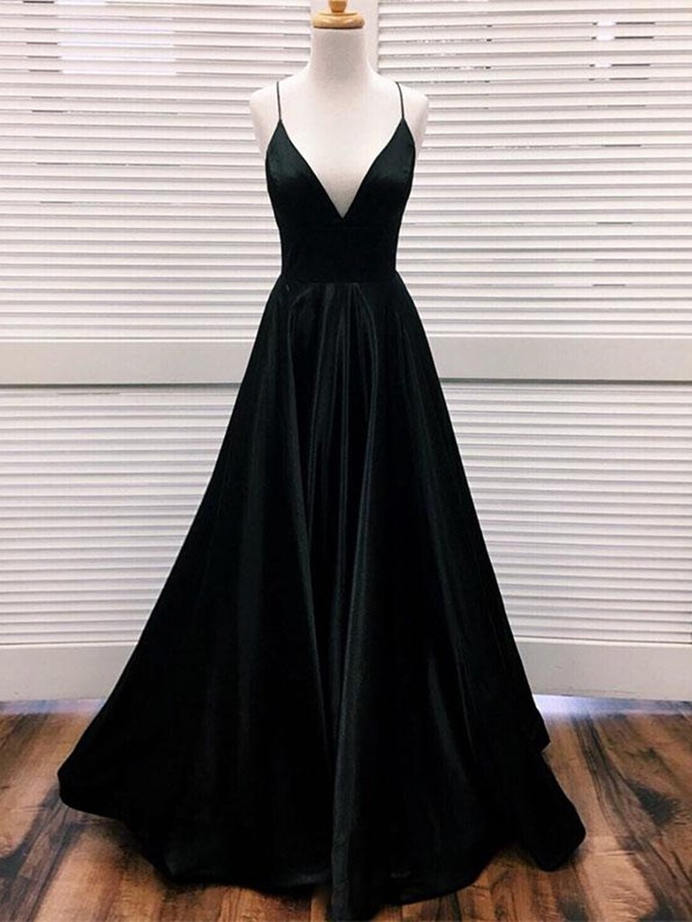 Simple A Line V Neck Black Satin Long Prom Dresses, Black Formal Dresses, Evening Dresses ,pl4996