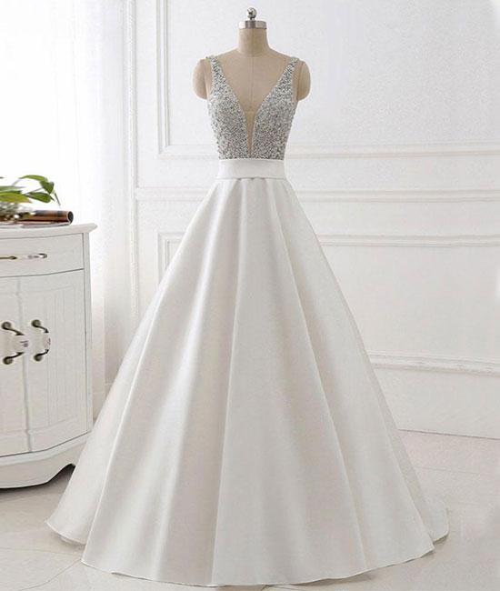 V Neck Backless White Prom Dress With Beads, V Neck Formal Dress, White Evening Dress,pl5007