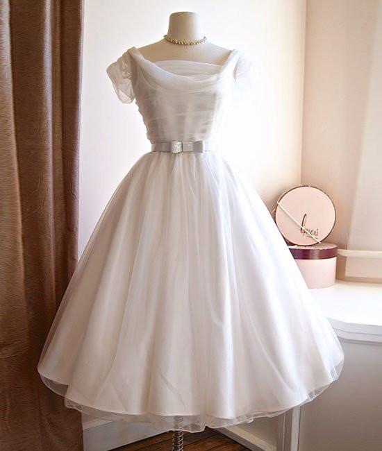 Round-neck White Tulle Short Retro Prom Dresses, Retro Wedding Dresses,pl5011