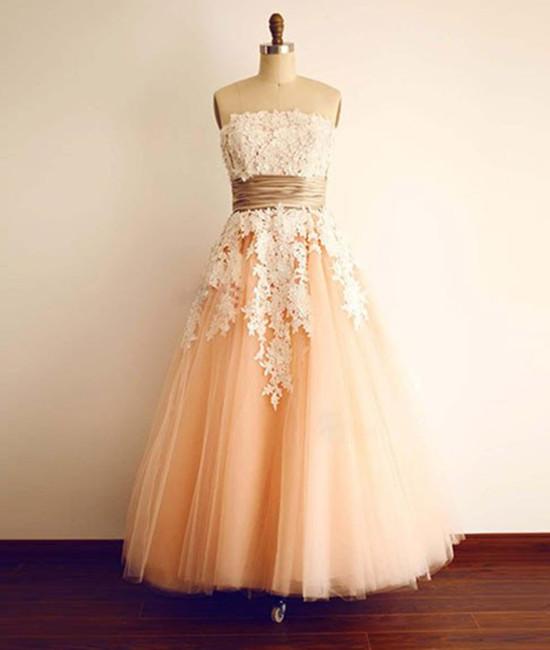 Champagne Tulle Lace Tea Pearl Prom Dresses, Lace Wedding Dresses,pl5013