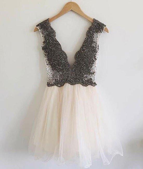 Modern V-neck Beading A-line Short Beige Prom Dresses, Black/white Homecoming Dresses,pl5014