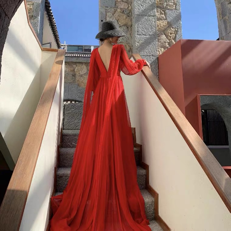 Super Fairy, Red Chiffon Backless Dress, Lantern Sleeve Dress, Full-length Dress,pl5035