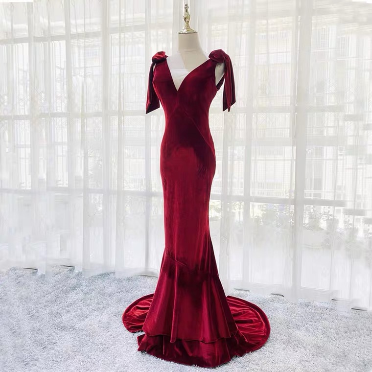 V-neck, Burgundy Evening Dress, High Quality Velvet, Mermaid Party Dress,custom Made,pl5045