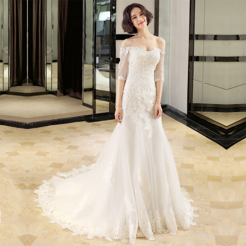 Off Shoulder Bridal Dress,lace Wedding Dress,mid-sleeve White Bridal Dress,custom Made,pl5052