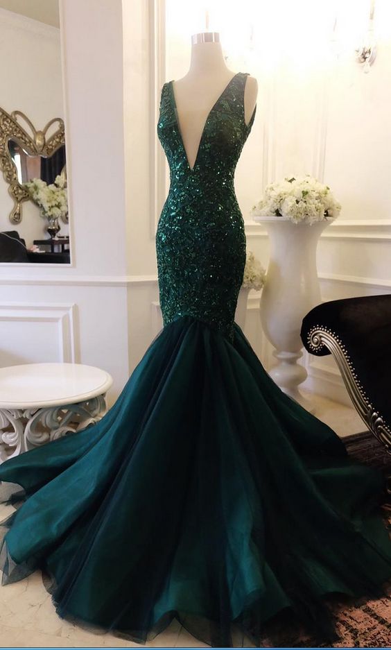 Plunging Neck Mermaid Atrovirens Prom Dress With Sequin Appliques Lace V Back Evening Dress,pl5072