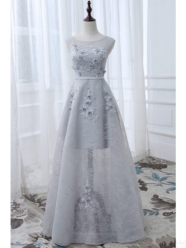 Grey Round Neck Evening Dress ,long Tulle Prom Dresses With Applique,pl5077