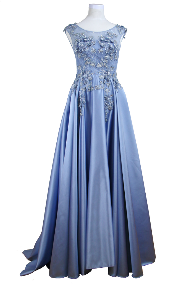 Appliques Lace 3d Flower Blue! Sleeveless Dress, Formal Evening Gown ,floor Length ,sweep Train,pl5086