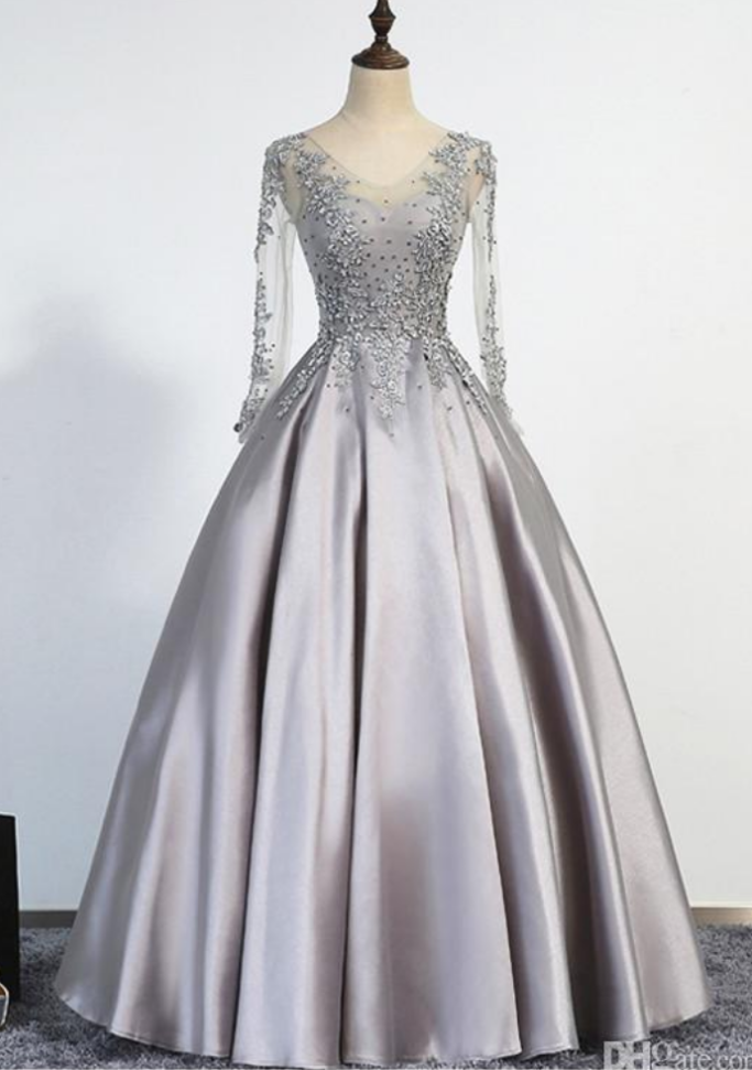 Prom Dresses Elegant Sliver Evening Dresses A-line Scoop Illusion Lace Up Long Sleeves Floor Length Appliques Beading Real Picture Prom Gowns,