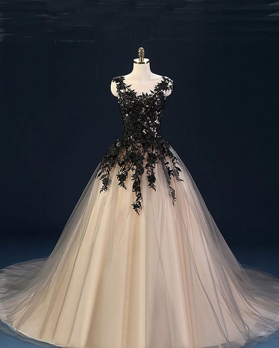 Champange Tulle Long Prom Dress,o Nek Evening Gowns ,floor Length Evening Dress, Flower Applique Party Gowns,pl5105