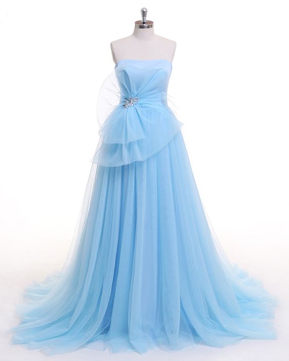 Light Blue Tull Party Dress,strapless Evening Dress,long Beaded Evening Dress, A-line Prom Dress,tulle Princess Dress,pl5107