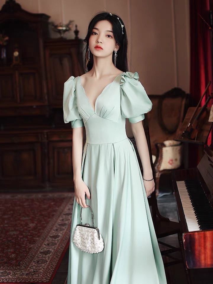 French Satin Evening Dress, Summer, Green Temperament Dress, Princess Dress,custom Made,pl5109