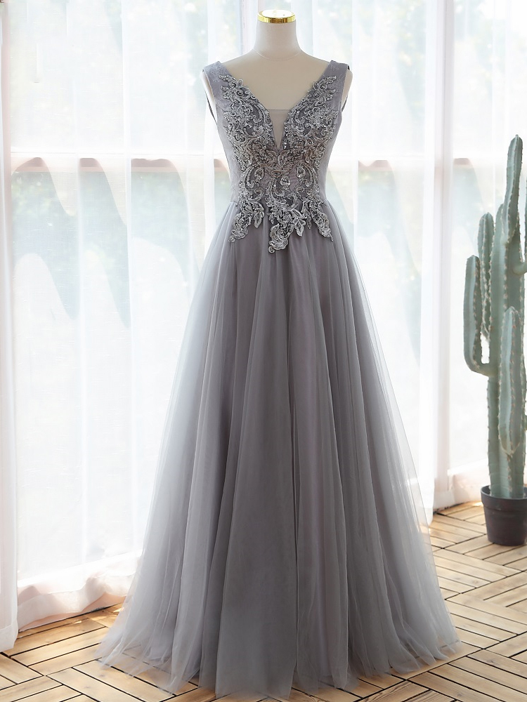 V-neck Prom Dress,gray Evening Dress With Applique,custom Made,pl5115