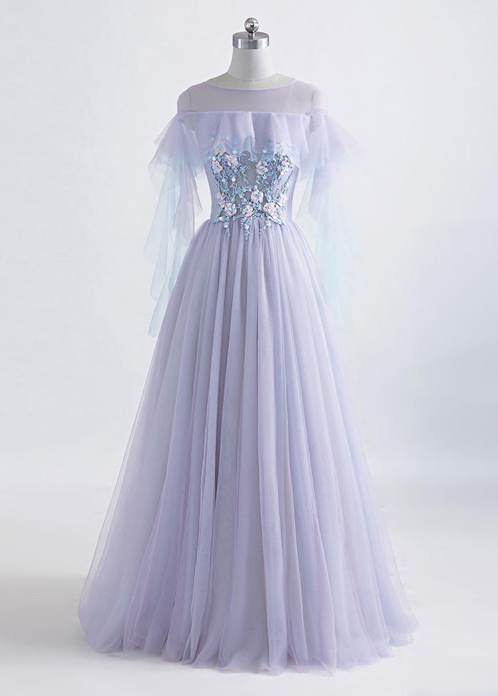 A-line/princess Tulle Jewel Floor-length Prom Dress With Beaded Lace Appliques,pl5150