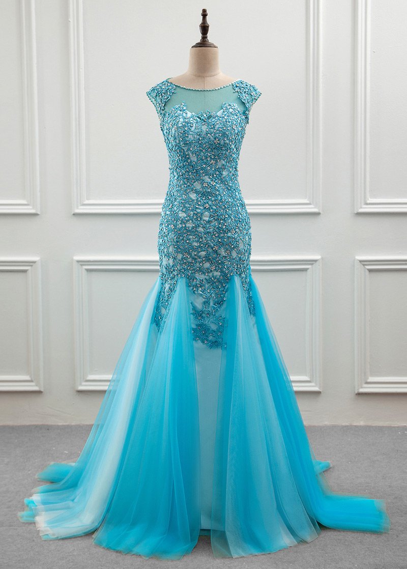 Tulle Scoop Mermaid Evening Dress With Beaded Lace Appliques,pl5158