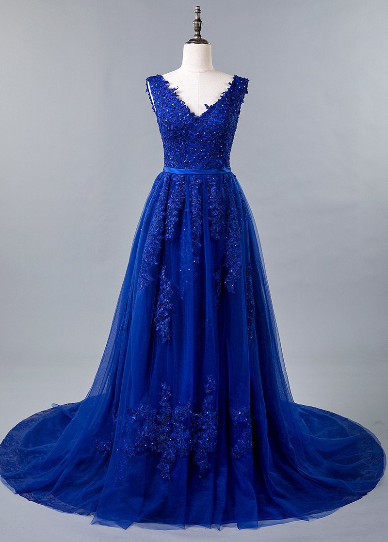 Blue Lace V-neck A-line Prom Dress With Beaded Lace Appliques & Belt,pl5160