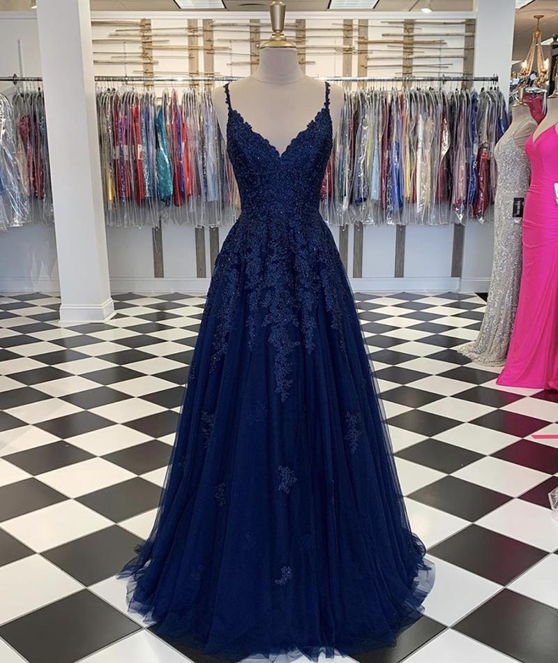 A Line V Neck Lace Up Navy Blue Chiffon Prom Dress with Beadings LBQ0341 main image 1
