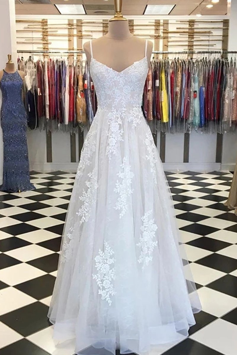 A Line V Neck Lace Appliques White Prom Dress Wedding Dress, White Lace Formal Dress, White Evening Dress.PL5220