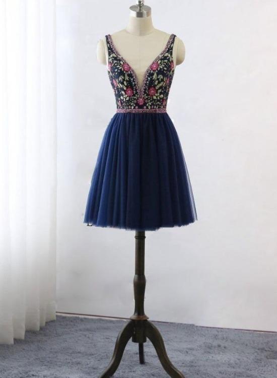 Dark Blue V Neck Lace Tulle Short Floral Print Backless Homecoming Dress, Blue Short Prom Dresses.pl5245