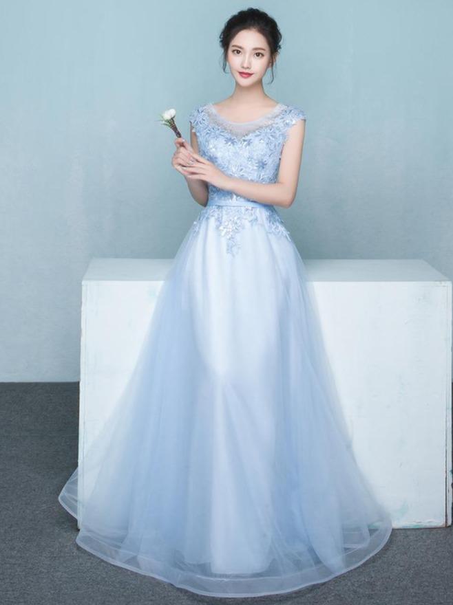 Light Blue Tulle With Flowers Lace Long Party Dresses Evening Dress, Blue Prom Dresses.pl5249
