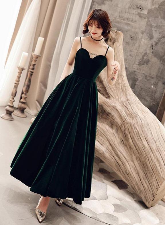 Dark Green Chic Straps Velvet Long Bridesmaid Dress Party Dress, Velvet Evening Dress.pl5251