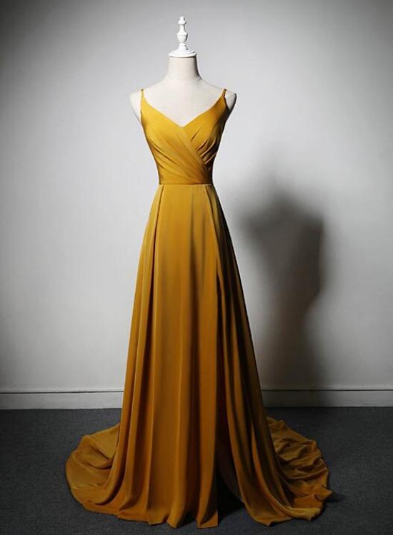 Goleden V-neckline Straps Long Party Dress With Leg Slit, Long Gold Evening Dress Prom Dress.pl5263