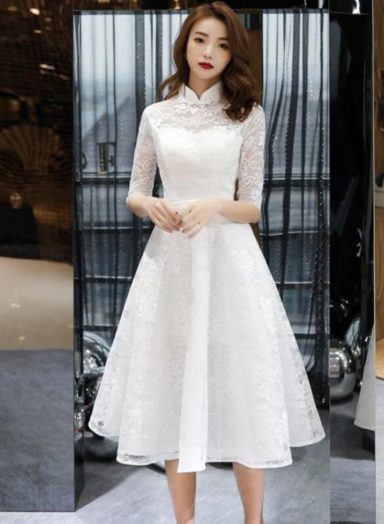 Lovely White Tea Length Lace Simple Short Sleeves Party Dress, White Lace Wedding Party Dress Graduation Dress.pl5267