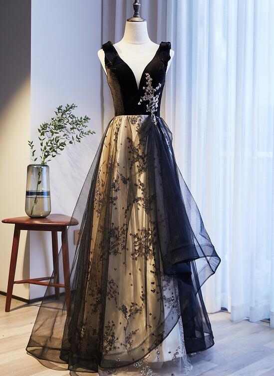 V-neckline Black Tulle With Velvet Top Long Evening Dress Party Dress, A-line Wedding Party Dress.pl5271