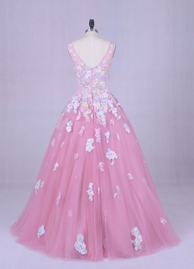 Pink Ball Gown Round Neckline Flowers Lace Prom Dress, Pink Lace — free download