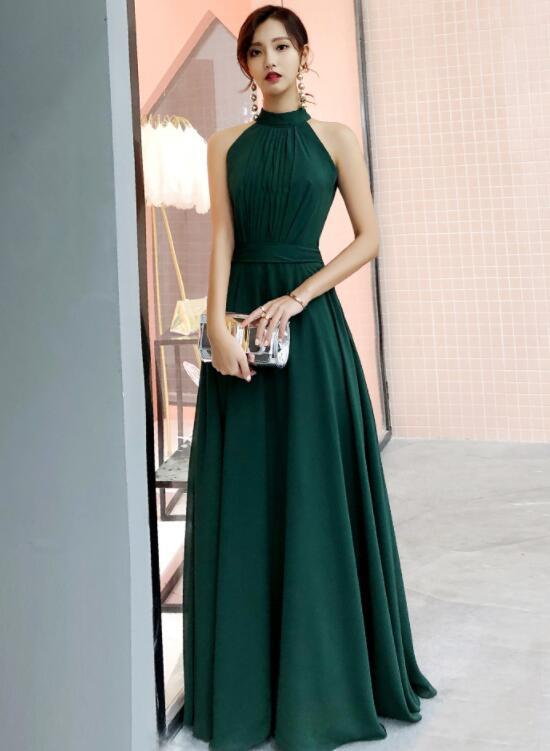 Dark Green Chiffon Halter Floor Length Wedding Party Dress, Green Long Prom Dress.pl5264