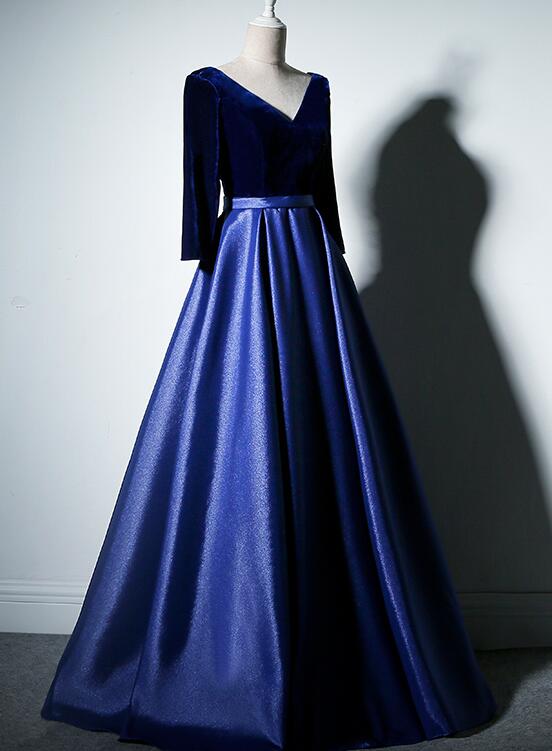 Pretty Royal Blue Long Sleeves Satin With Velvet Party Dress, A-line Long Prom Dress.pl5318